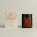 Load image into Gallery viewer, Christmas Spice 155ml single wick candle in amber glass beside its printed Little London Gifts Co gift box