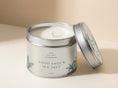 Load image into Gallery viewer, Sage & Sea Salt candle tin 211ml open, showing the pale wax and cotton wick, silver lid propped beside it