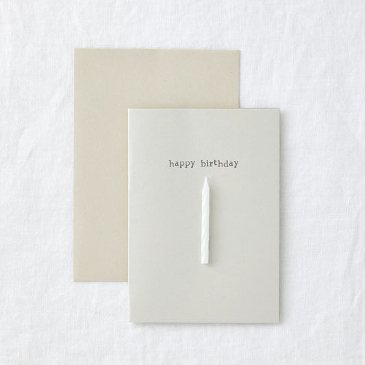 Birthday card in cream paper reading 'happy birthday', with a die cut slot holding a slim candle