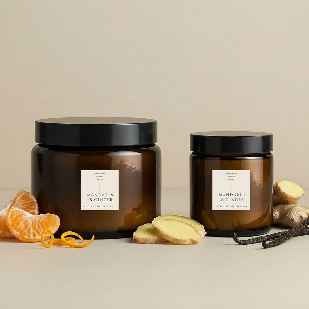Two amber glass Mandarin & Ginger candles with black lids, orange and ginger slices on beige surface