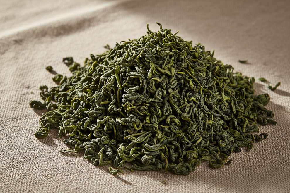 a bunch of green tea leaves on linen with natural light