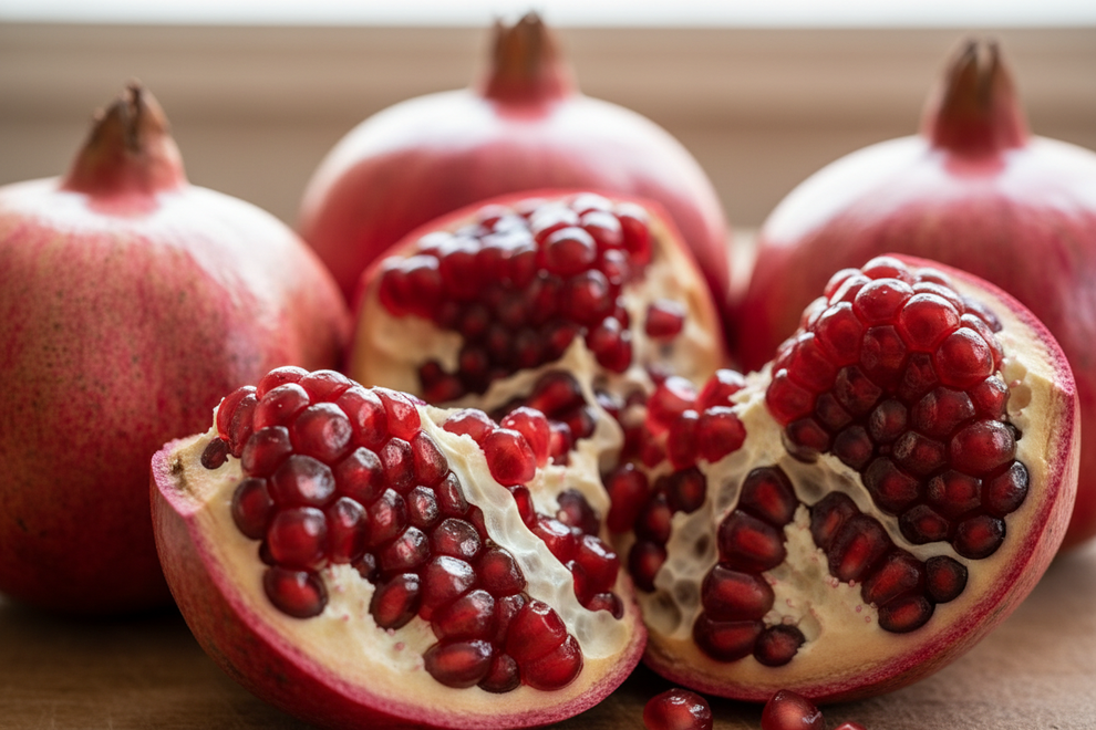 a close up of whole pomegranates and opened pomegranates with natural lighting 