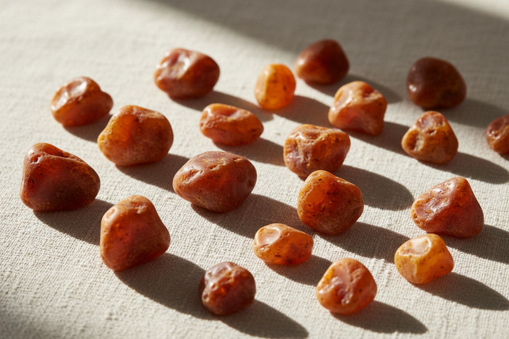 amber stones on a light linen with light shinning on it 