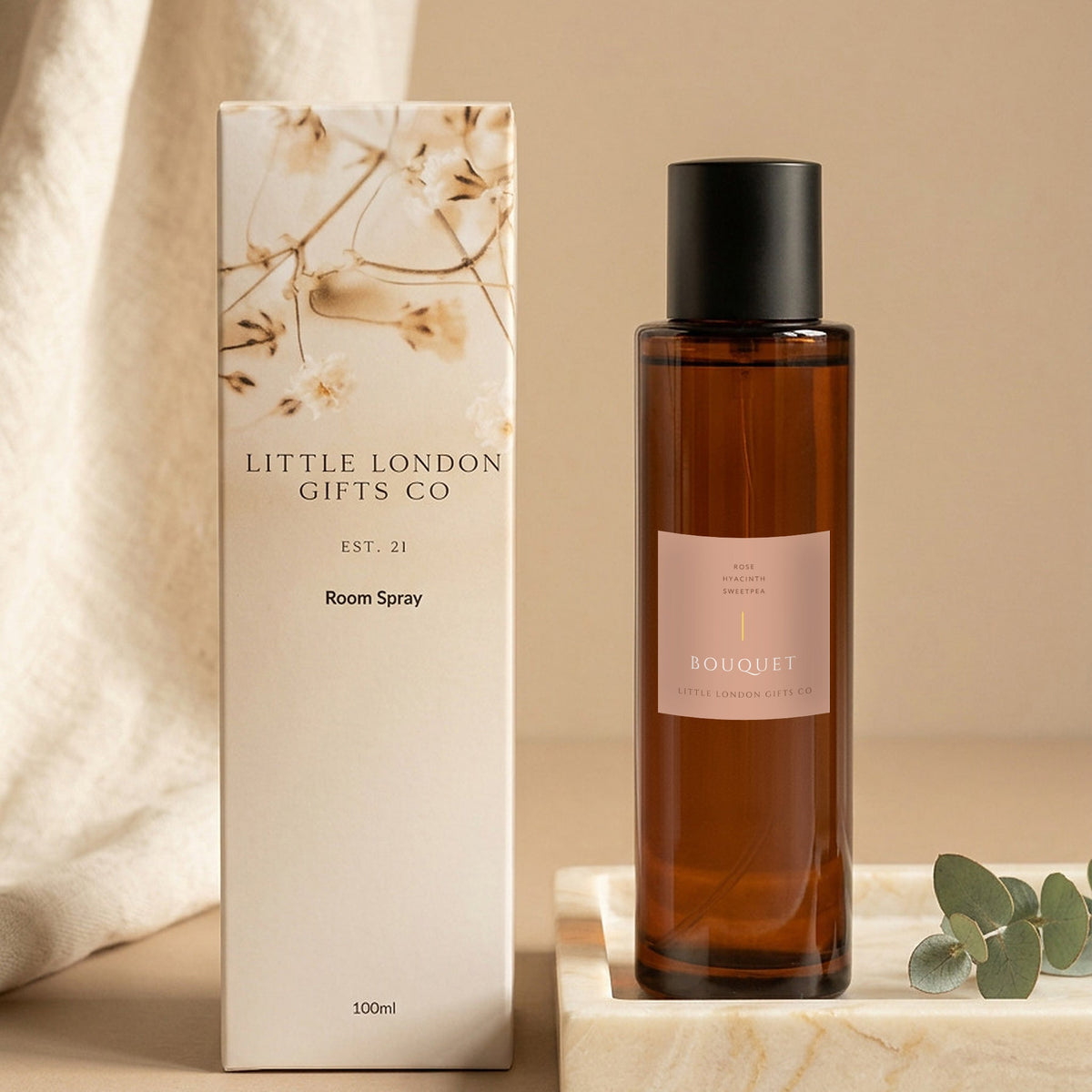Bouquet room spray 100ml with its Little London Gifts Co gift box, styled with linen and eucalyptus