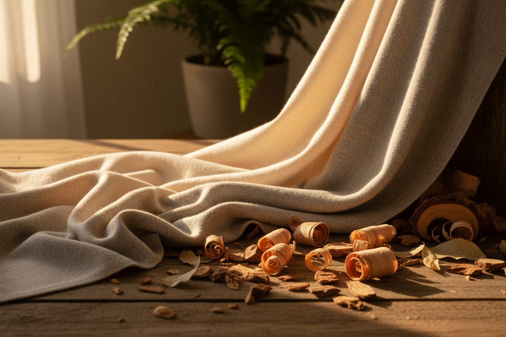 cashmere and wood chips with natural lighting