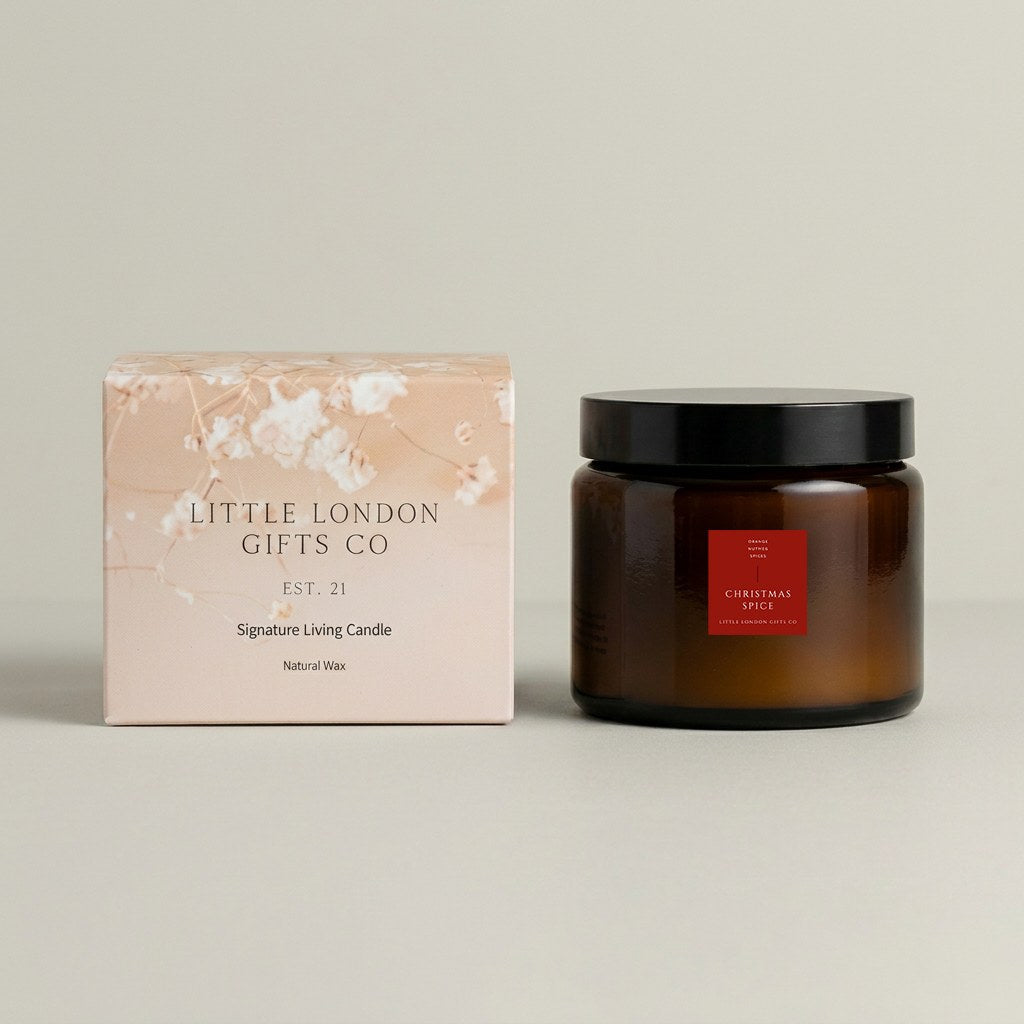 Christmas Spice 432ml triple wick candle in amber glass beside its printed Little London Gifts Co gift box