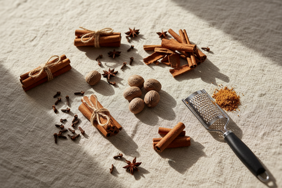 christmas spices, clove, cinnamon, nutmeg on a light linen with natural light