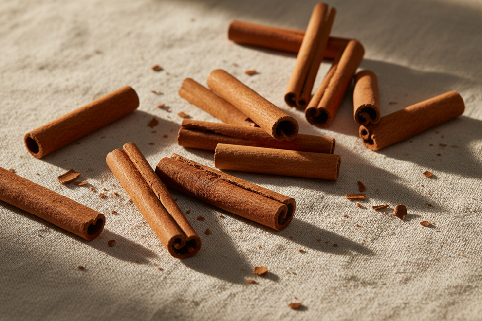 cinnamon sticks on a light linen with natural lighting