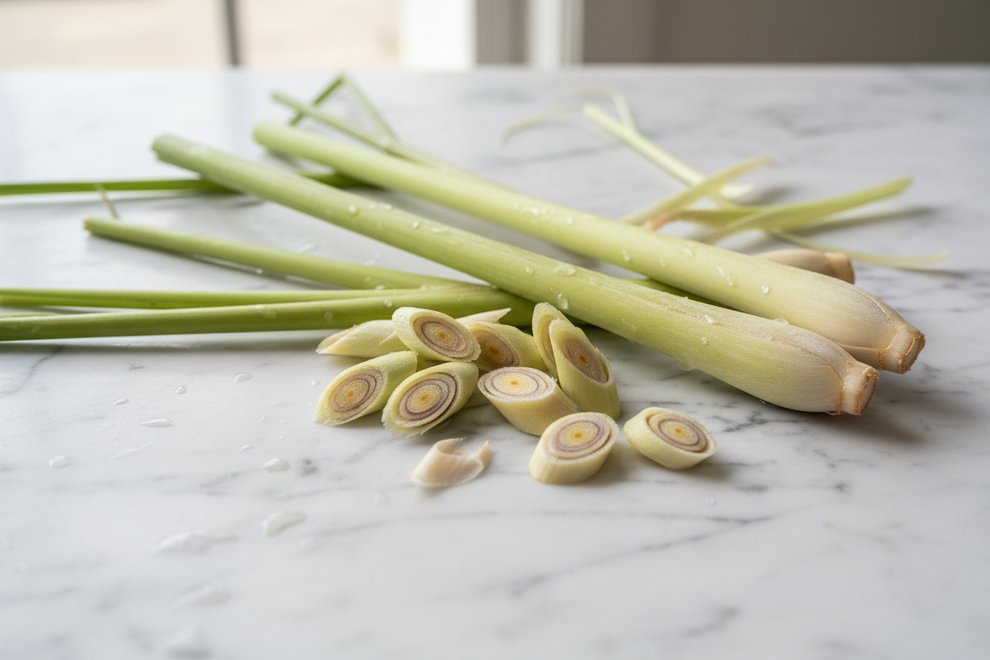 close up lemongrass whole and some cut up lemongrass on a white marble worktop