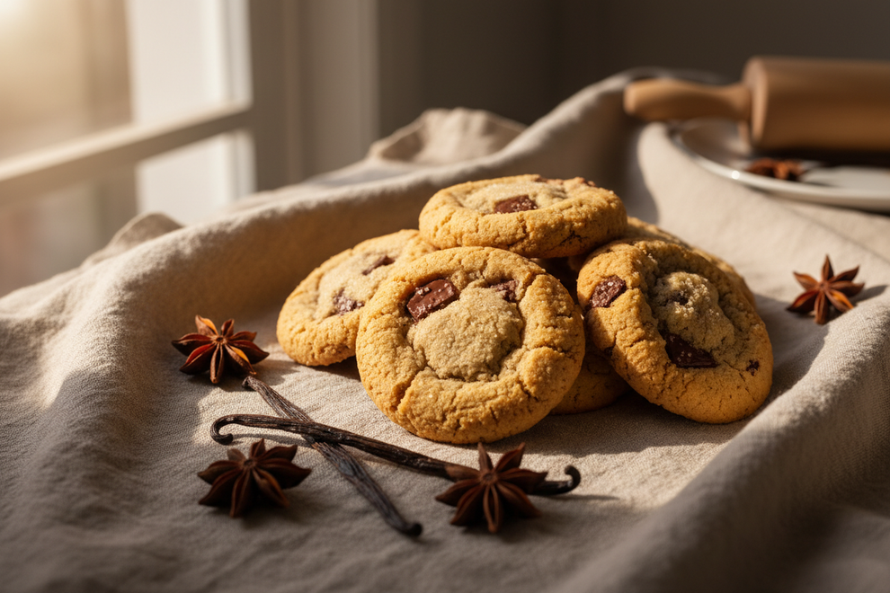 cookies and anise and vanilla on linen with natural light