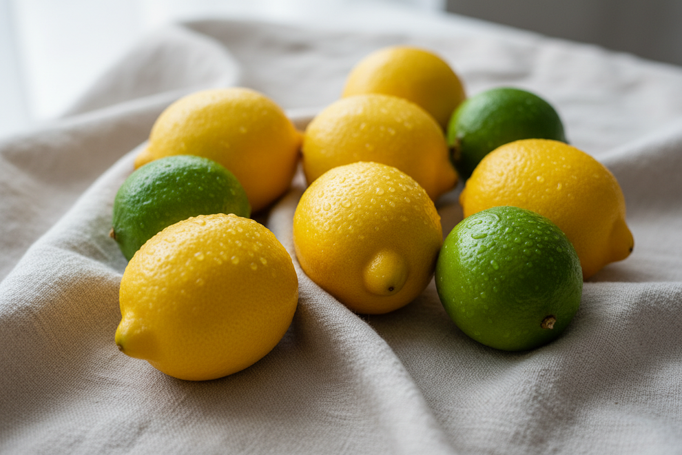 lemons and limes washed on linen