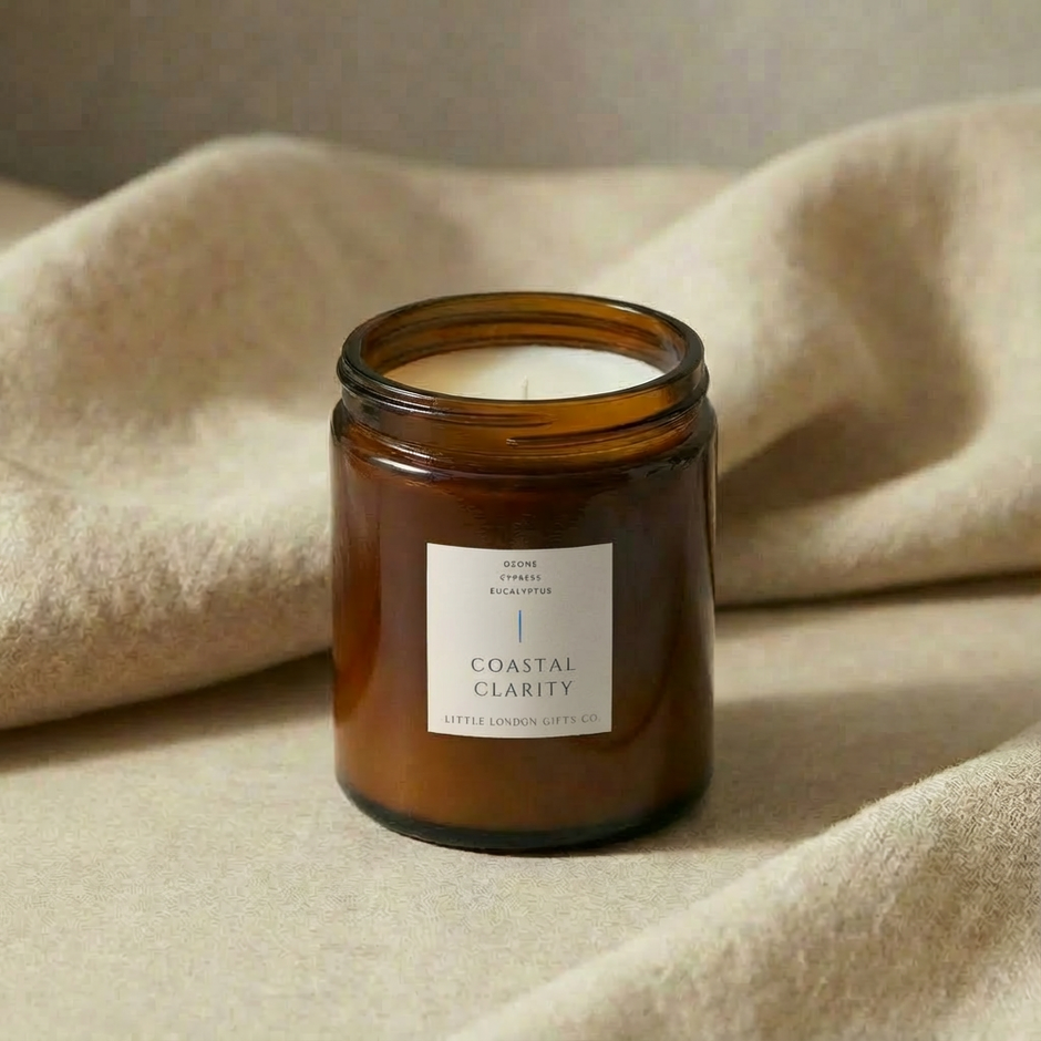 A lit Little London soy candle in an amber glass jar on soft cream fabric