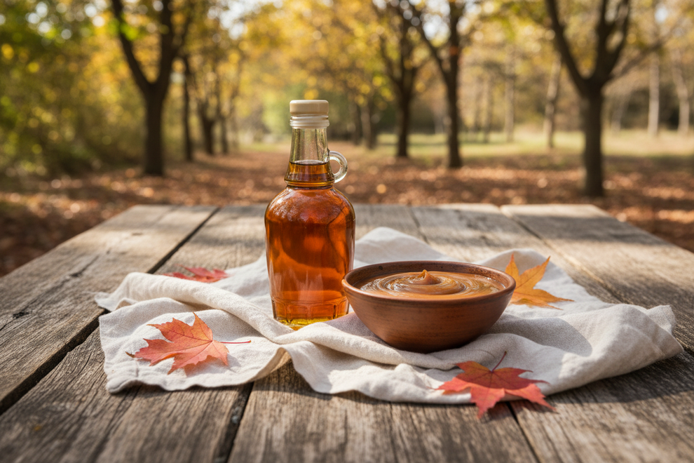 Maple syrup and caramel in a natural setting with light linen