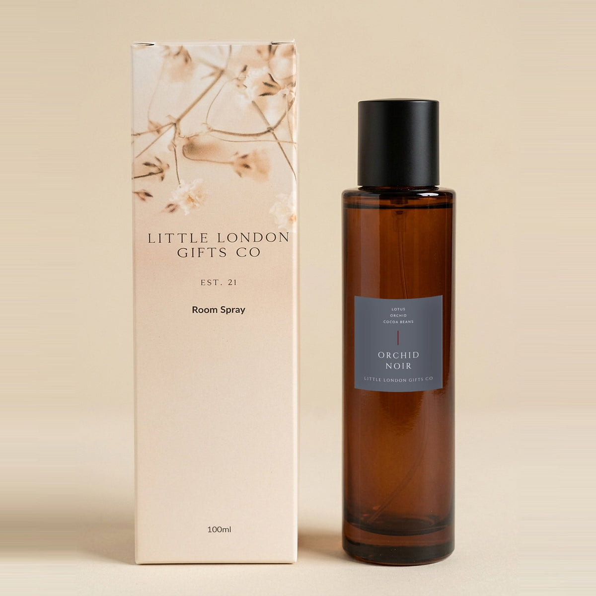 Orchid Noir room spray 100ml beside its Little London Gifts Co gift box