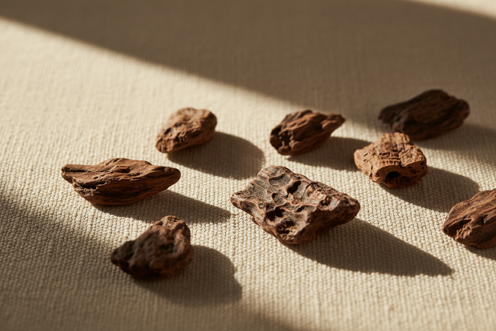 oud chips on light linen with natural light