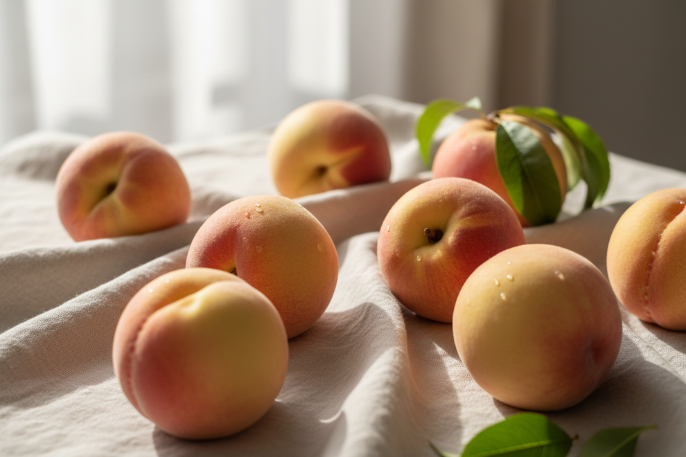 peaches whole on a light linen with natural light