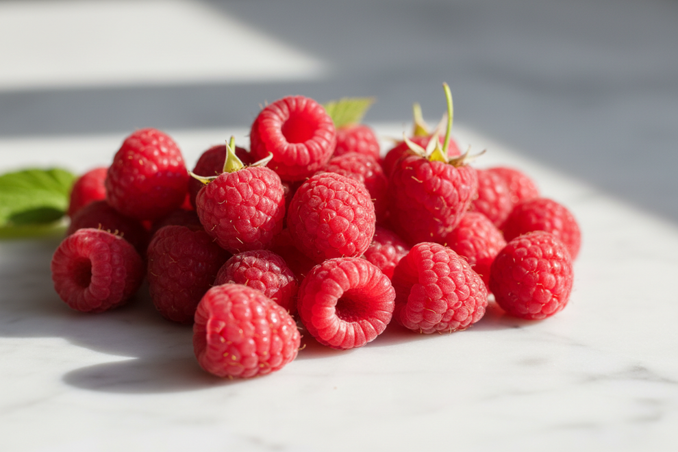 raspberries close up on white worktop#