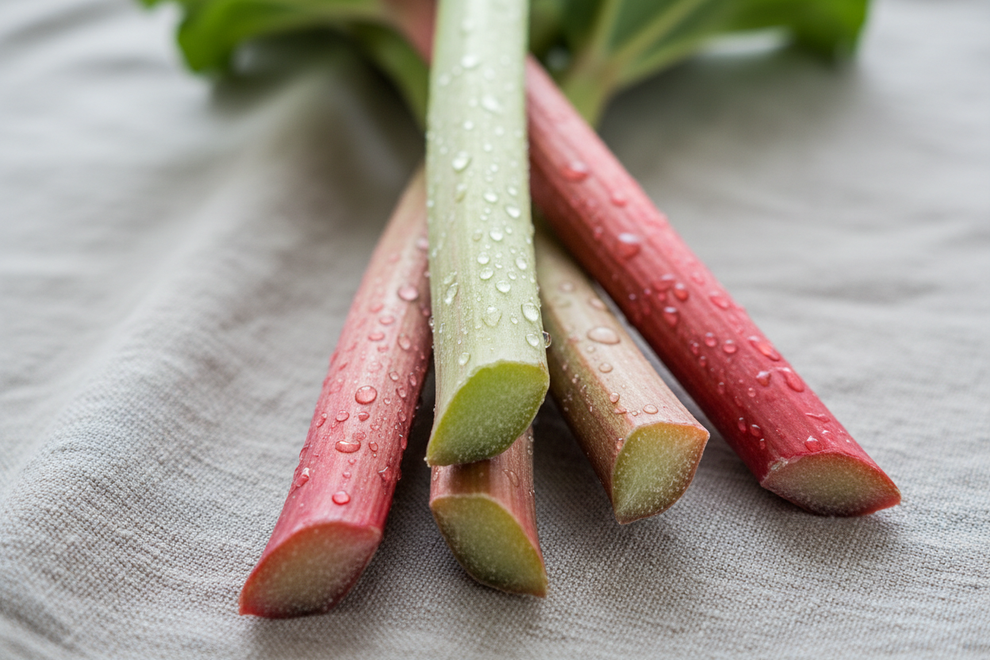 Rhubarbs washed and close up on a light linen