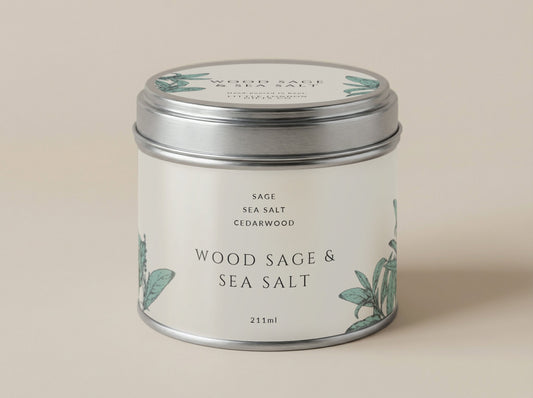 Sage & Sea Salt candle tin 211ml in cream with sage green leaf artwork, silver lid on, on a plain warm backdrop