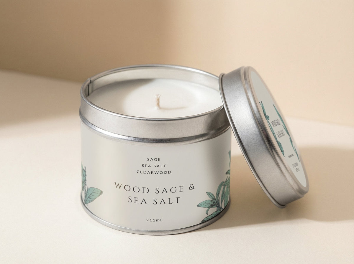 Sage & Sea Salt candle tin 211ml open, showing the pale wax and cotton wick, silver lid propped beside it