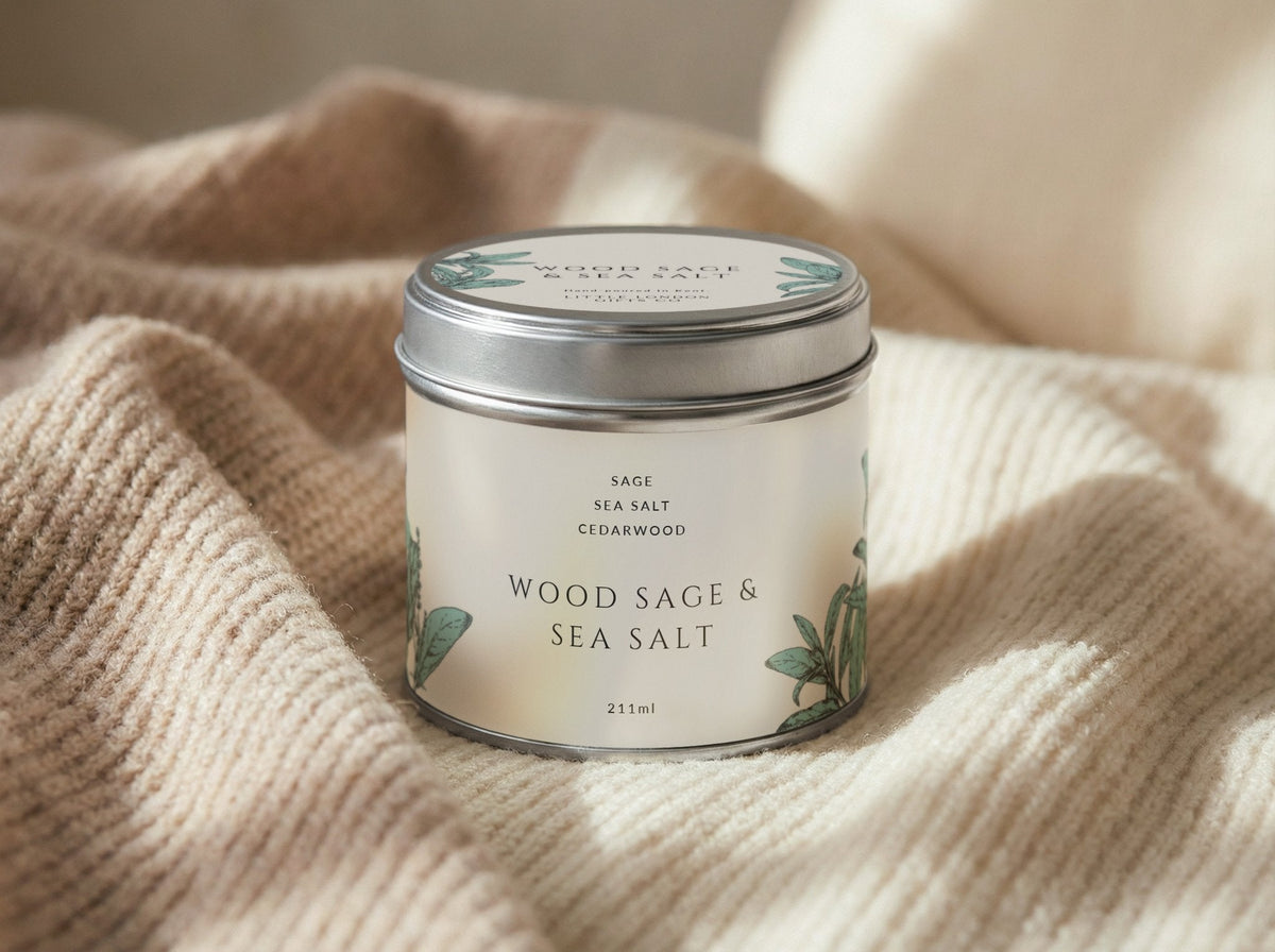 Sage & Sea Salt candle tin 211ml with the lid on, resting on ribbed cream fabric