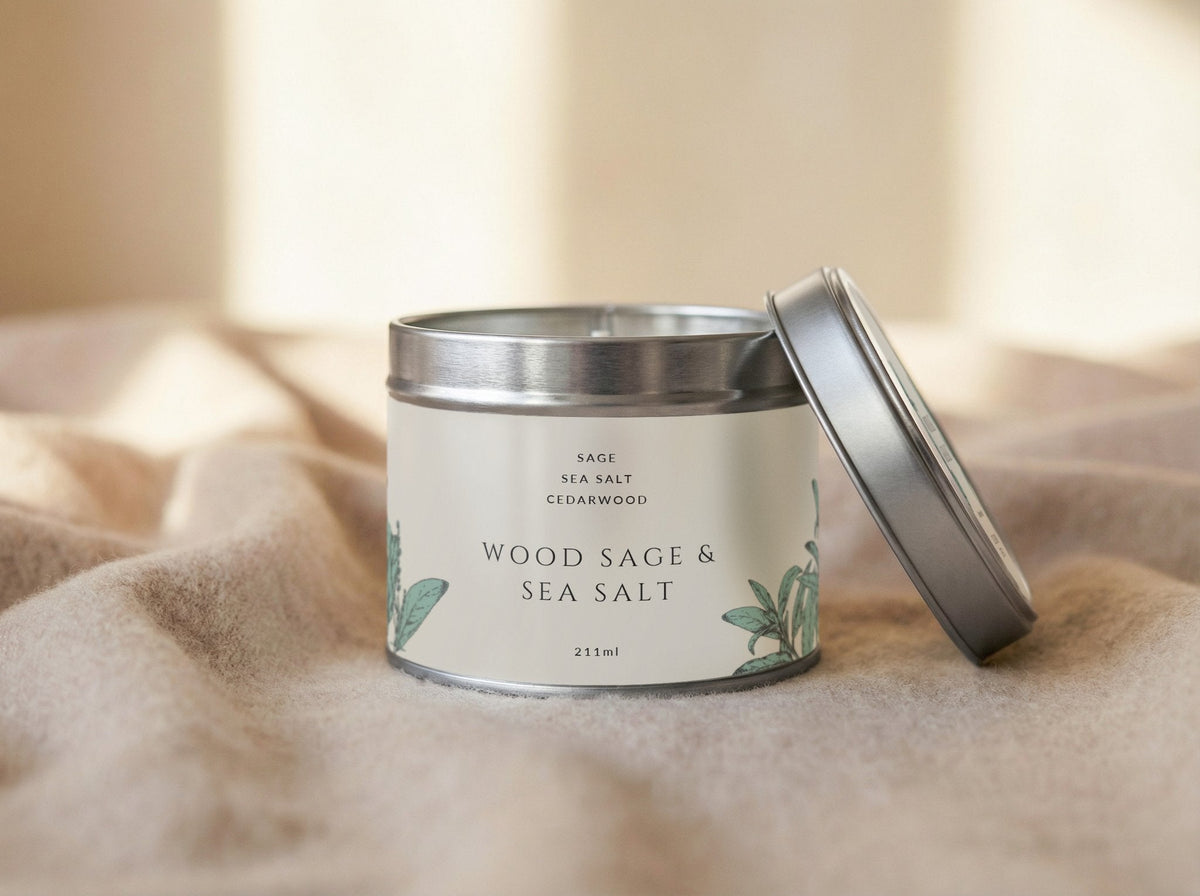 Sage & Sea Salt candle tin 211ml open with its silver lid propped, in warm side light on cream fabric