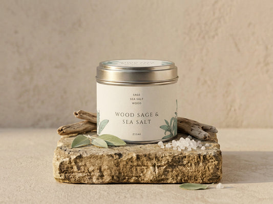 Sage & Sea Salt candle tin in brushed silver with a cream botanical label, styled with sage leaves, driftwood and sea salt crystals