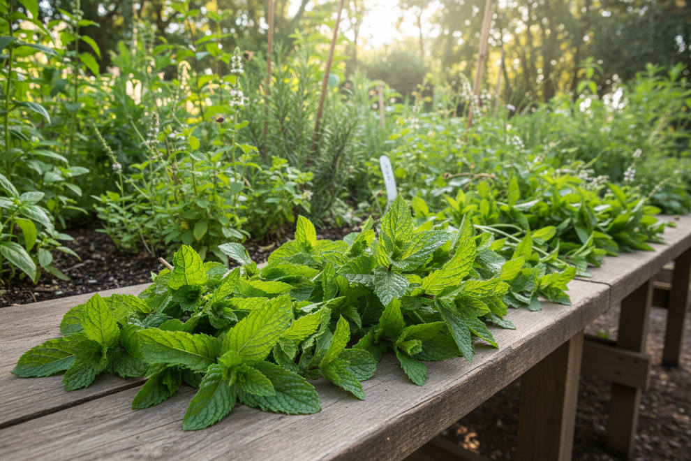spearmint and mint in natural setting with natural light