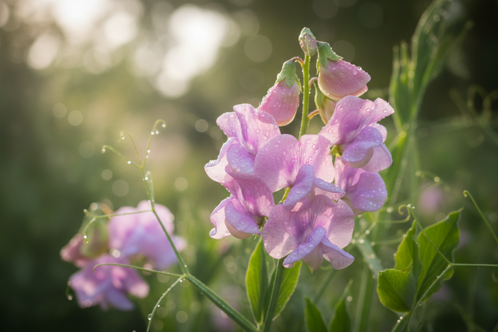 Sweet pea flowers in a natural setting close up