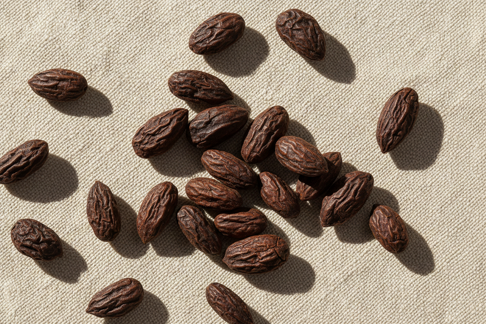 Tonka beans on a light linen