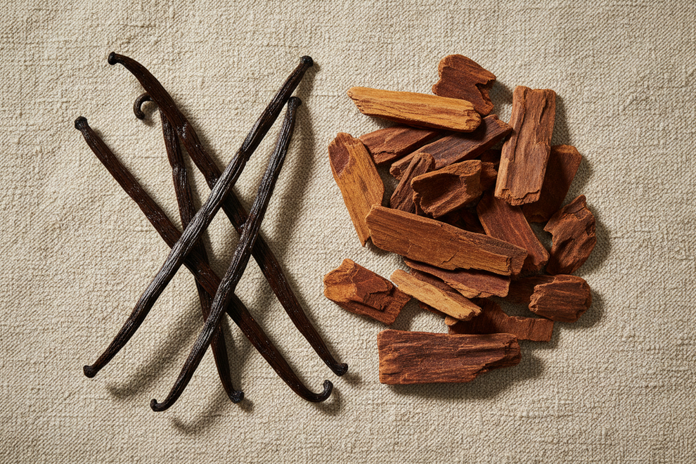 vanilla bean and oud wood chips on linen with natural lighting 