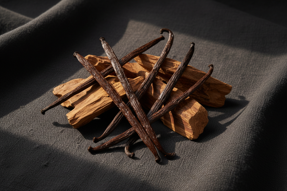vanilla beans and oudh wood chips on a dark linen with natural lighting 