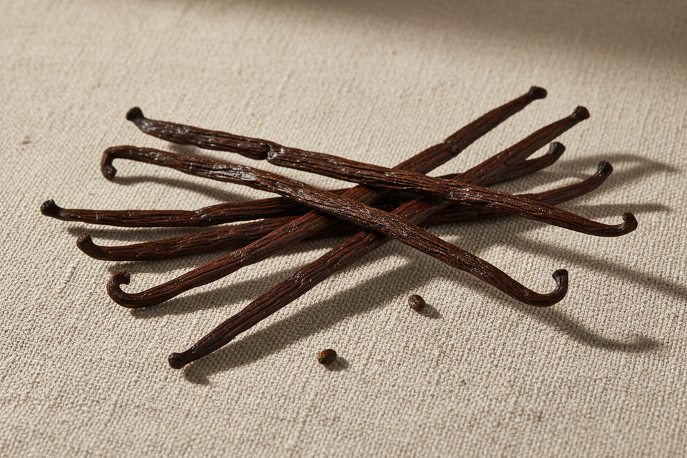 vanilla pods on linen 