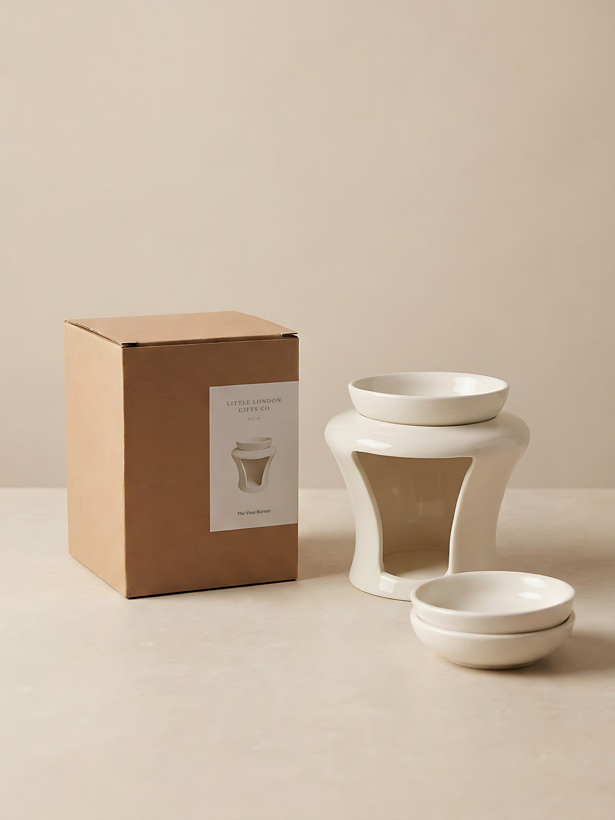 The Vase Wax Burner in cream ceramic with spare melt dishes and kraft gift box - Little London Gifts Co