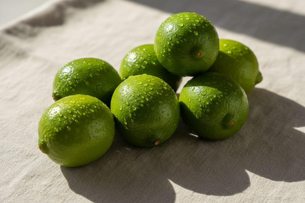 washed limes with sunlight on them on a light linen 