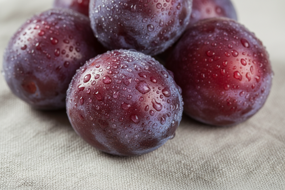 washed plums close up on a pale light linen
