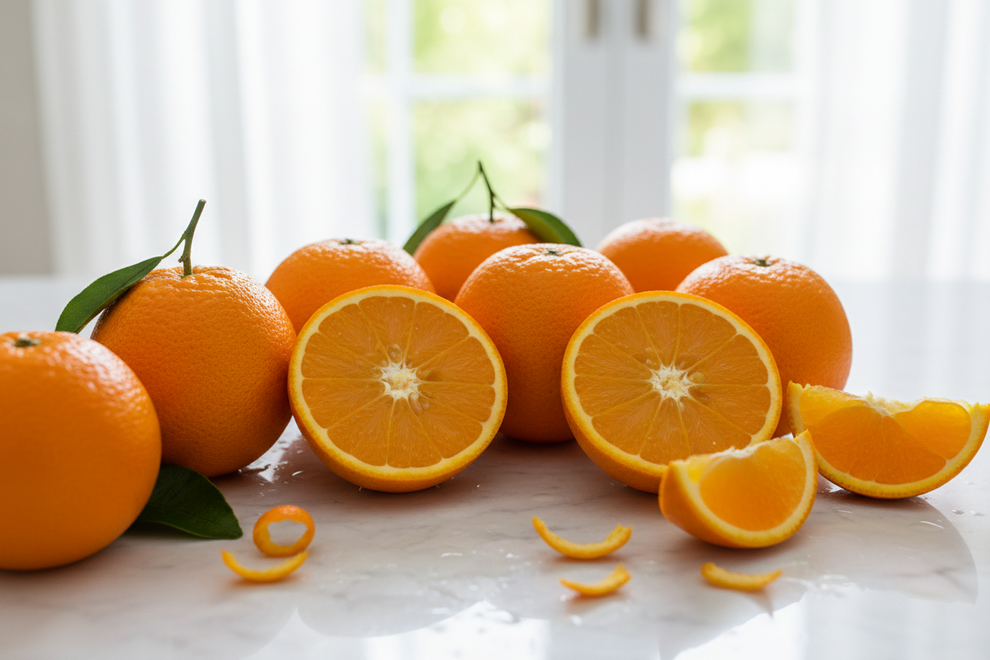 whole oranges and some cut up on a marble white worktop with natural light 