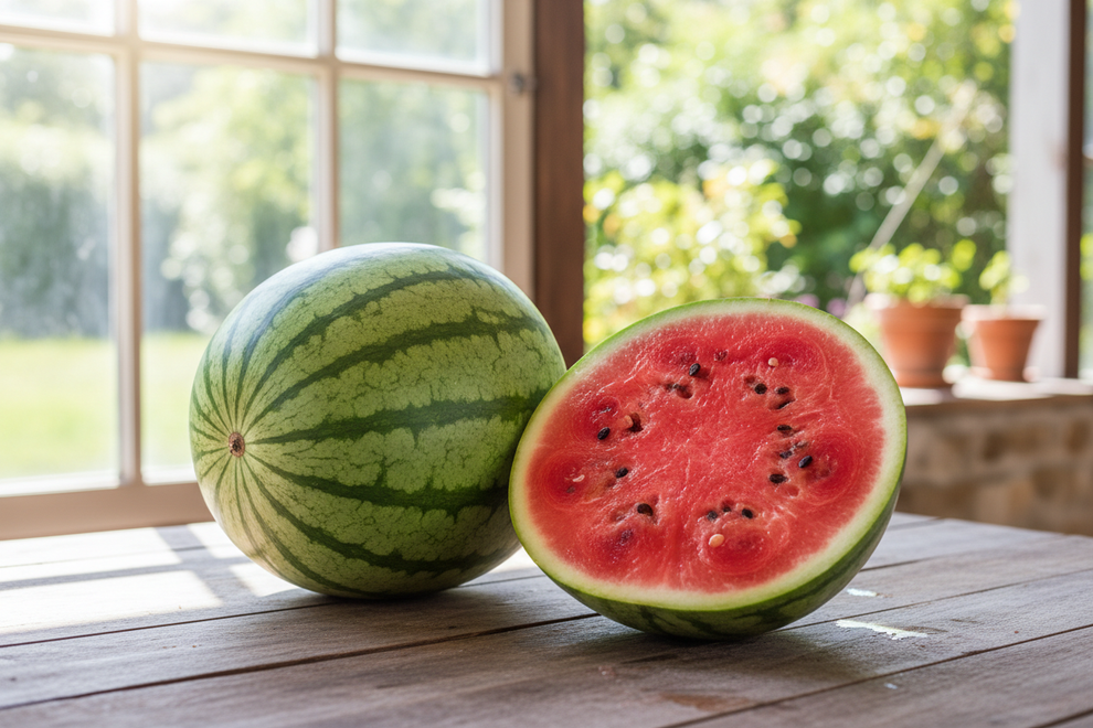 whole watermelon and some another one half cut with natural light 