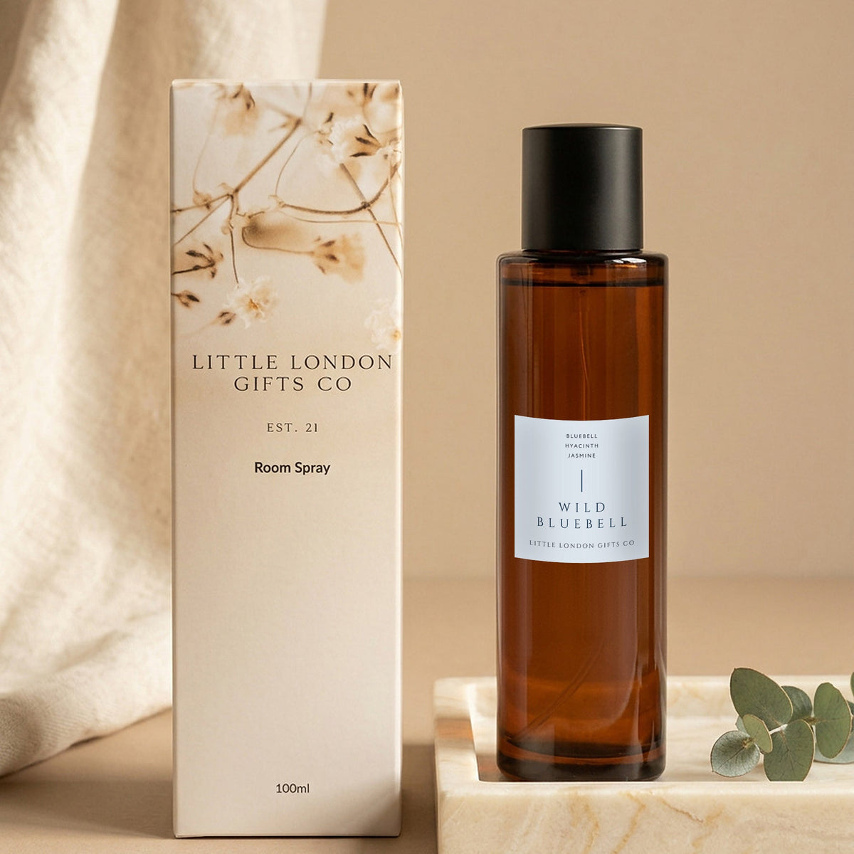 English Bluebell room spray 100ml with its Little London Gifts Co gift box, styled with linen and eucalyptus